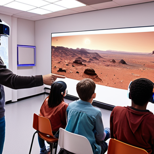 Home 16 **A classroom of diverse students wearing VR headsets, immersed in a virtual tour of Mars, with the teacher pointing to a holographic projection of a Martian landscape.** (Focus: Immersive VR education, accessibility, future classroom)