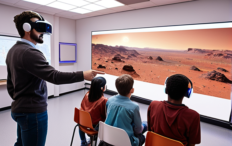 **A classroom of diverse students wearing VR headsets, immersed in a virtual tour of Mars, with the teacher pointing to a holographic projection of a Martian landscape.** (Focus: Immersive VR education, accessibility, future classroom)