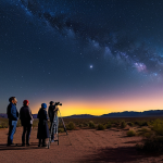 A diverse group of adults, fully clothed in warm, modest outdoor professional attire, is actively stargazing under a breathtaking, clear dark night sky in a remote desert landscape. Some individuals are looking through high-quality astronomical telescopes, while others use binoculars, all focused on the visible Milky Way stretching across the sky. Subtle red-light flashlights provide minimal illumination. Natural pose, perfect anatomy, correct proportions, well-formed hands, natural body proportions, professional photography, hyperrealistic, safe for work, appropriate content, fully clothed, family-friendly, high quality.
