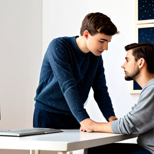 Home 8 A young adult, male or female, fully clothed in a modest sweater and trousers, sits at a clean, modern desk in a cozy home office. They are looking thoughtfully at a laptop screen which displays a high-quality image of a star-filled night sky, hinting at astrotourism planning. The scene captures a sense of quiet anticipation. This is a professional image with perfect anatomy, correct proportions, natural pose, well-formed hands, and proper finger count. The lighting is soft and inviting. The content is safe for work, appropriate content, and family-friendly, depicting professional dress.
