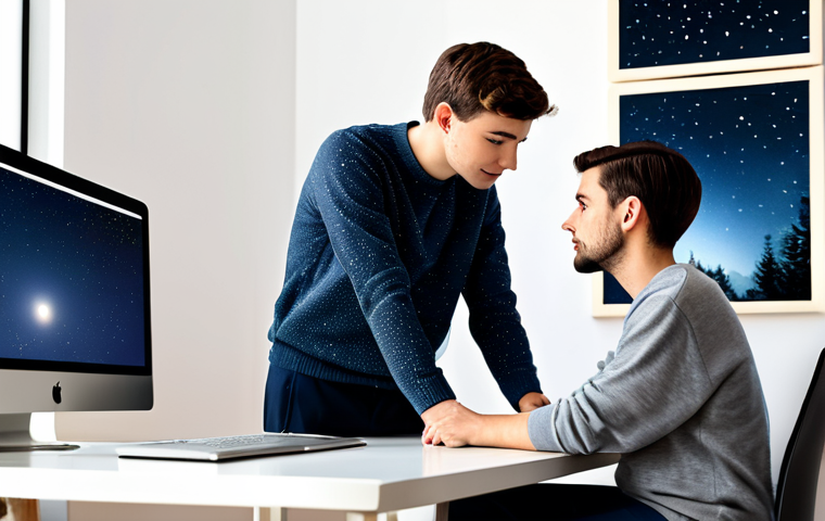 A young adult, male or female, fully clothed in a modest sweater and trousers, sits at a clean, modern desk in a cozy home office. They are looking thoughtfully at a laptop screen which displays a high-quality image of a star-filled night sky, hinting at astrotourism planning. The scene captures a sense of quiet anticipation. This is a professional image with perfect anatomy, correct proportions, natural pose, well-formed hands, and proper finger count. The lighting is soft and inviting. The content is safe for work, appropriate content, and family-friendly, depicting professional dress.