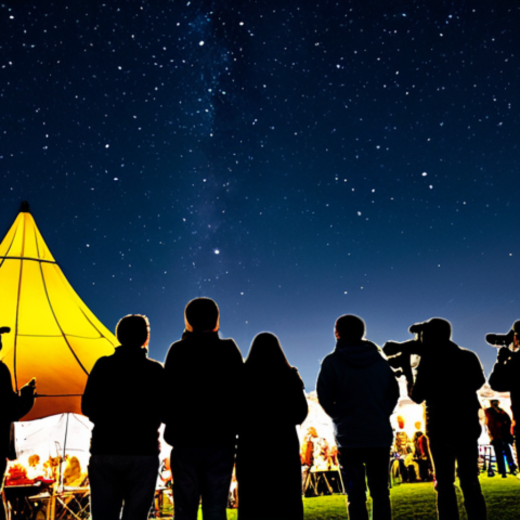 A diverse group of fully clothed people of all ages are gathered at a night sky festival under a dark, star-filled sky. Telescopes are pointed upwards, and some people are looking through them. There are food vendors and soft lighting in the background. Safe for work, appropriate content, family-friendly, professional photography, perfect anatomy, natural proportions.
