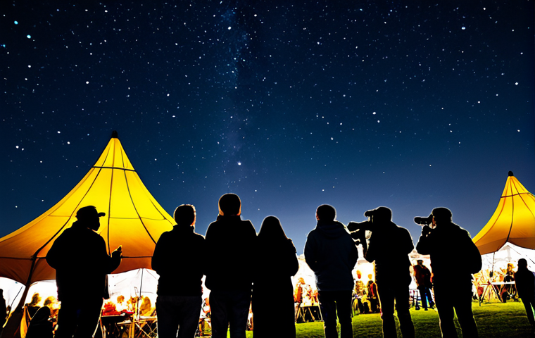 A diverse group of fully clothed people of all ages are gathered at a night sky festival under a dark, star-filled sky. Telescopes are pointed upwards, and some people are looking through them. There are food vendors and soft lighting in the background. Safe for work, appropriate content, family-friendly, professional photography, perfect anatomy, natural proportions.