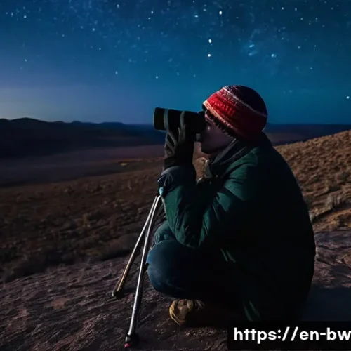 천문 관광을 위한 필수 장비 - **A Serene Night of Binocular Stargazing:** A person, warmly dressed in practical outdoor clothing w...