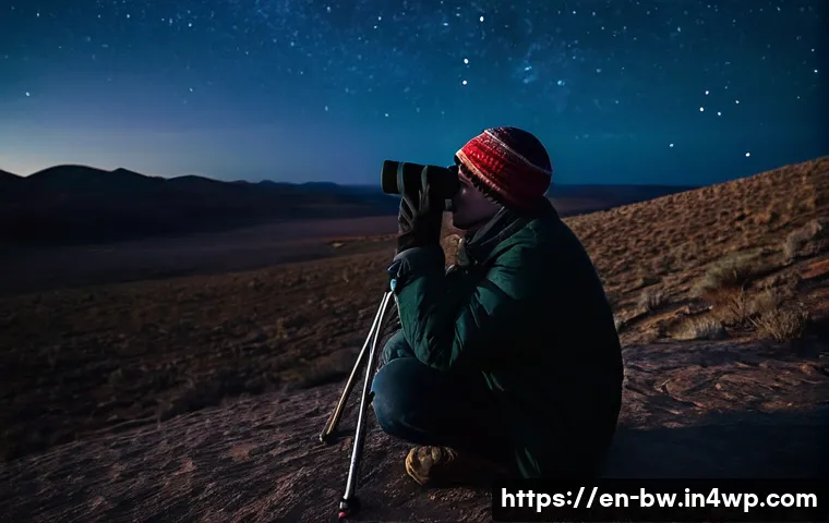 천문 관광을 위한 필수 장비 - **A Serene Night of Binocular Stargazing:** A person, warmly dressed in practical outdoor clothing w...