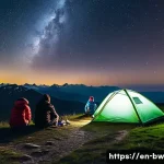 천문 관광의 안전 수칙 - A serene nighttime stargazing scene on a gentle hilltop with a small group of friends setting up the...