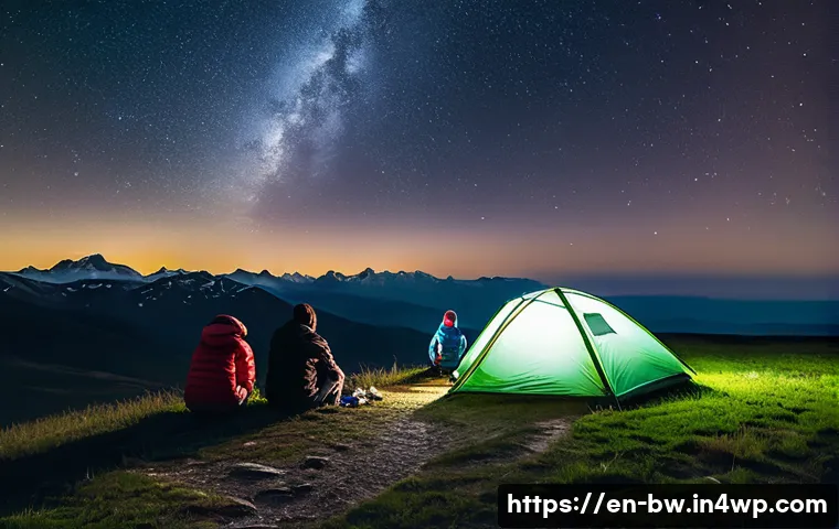 천문 관광의 안전 수칙 - A serene nighttime stargazing scene on a gentle hilltop with a small group of friends setting up the...