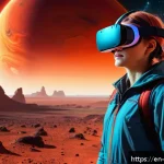 천문 관광 경험 디자인의 혁신 사례 - A futuristic scene depicting a young adult wearing a sleek VR headset, fully immersed in a vivid cos...