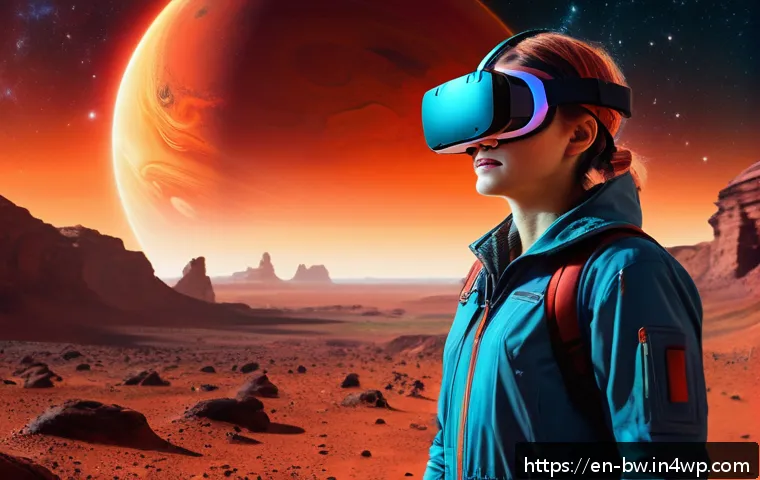 천문 관광 경험 디자인의 혁신 사례 - A futuristic scene depicting a young adult wearing a sleek VR headset, fully immersed in a vivid cos...
