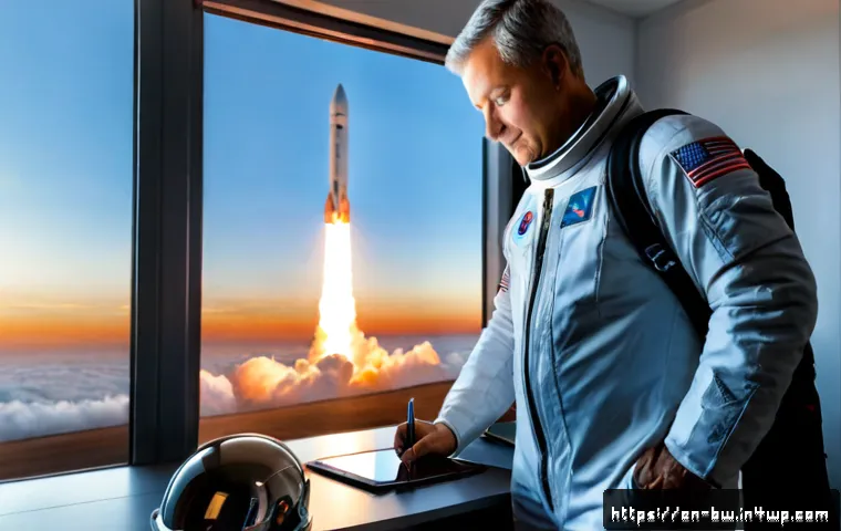 우주 여행 경험을 위한 팁 - Photorealistic space travel preparation scene in a bright modern home office, confident middle-aged ...